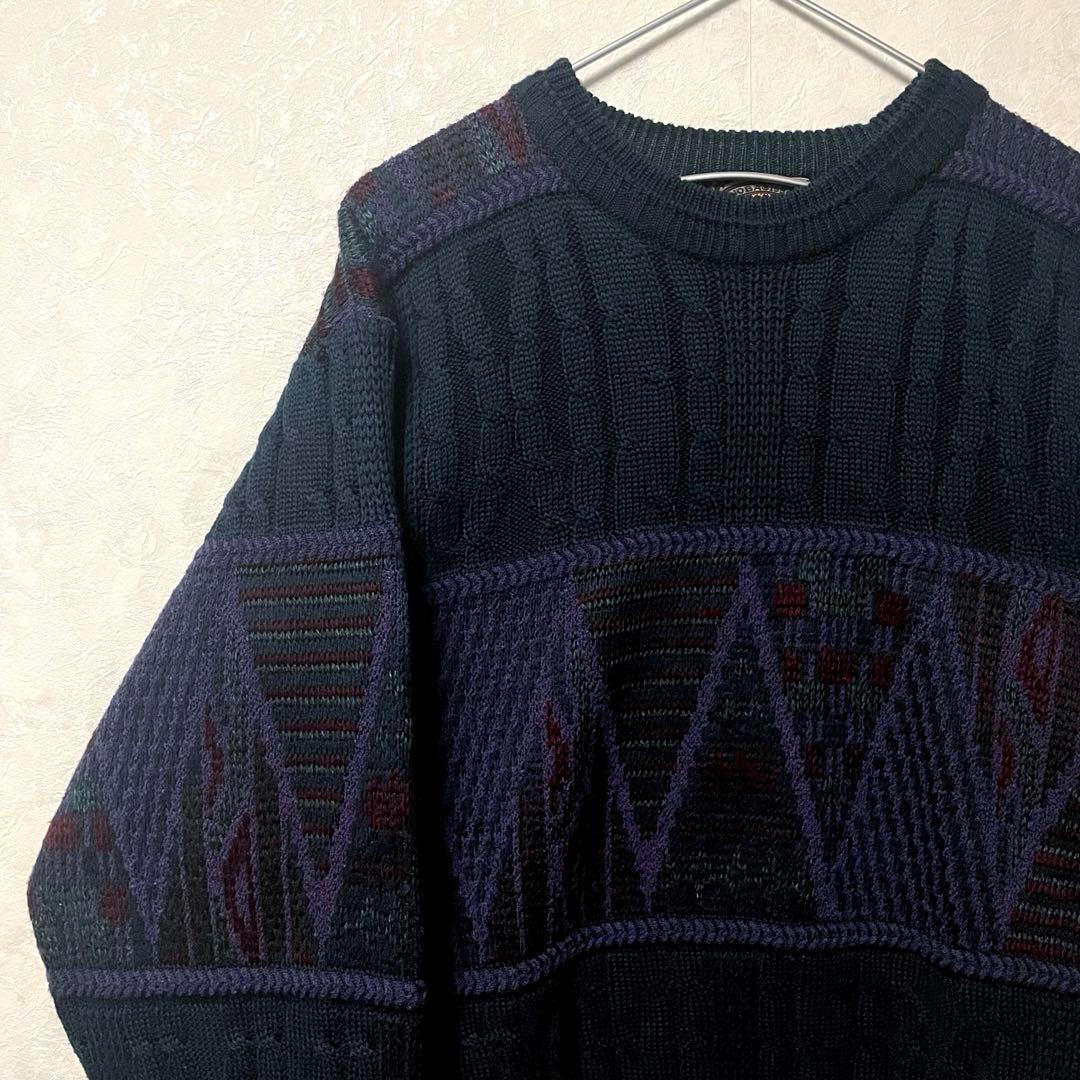 デザインニット ヴィンテージ レトロ アート 奇抜 エスニック ネイビー 紫