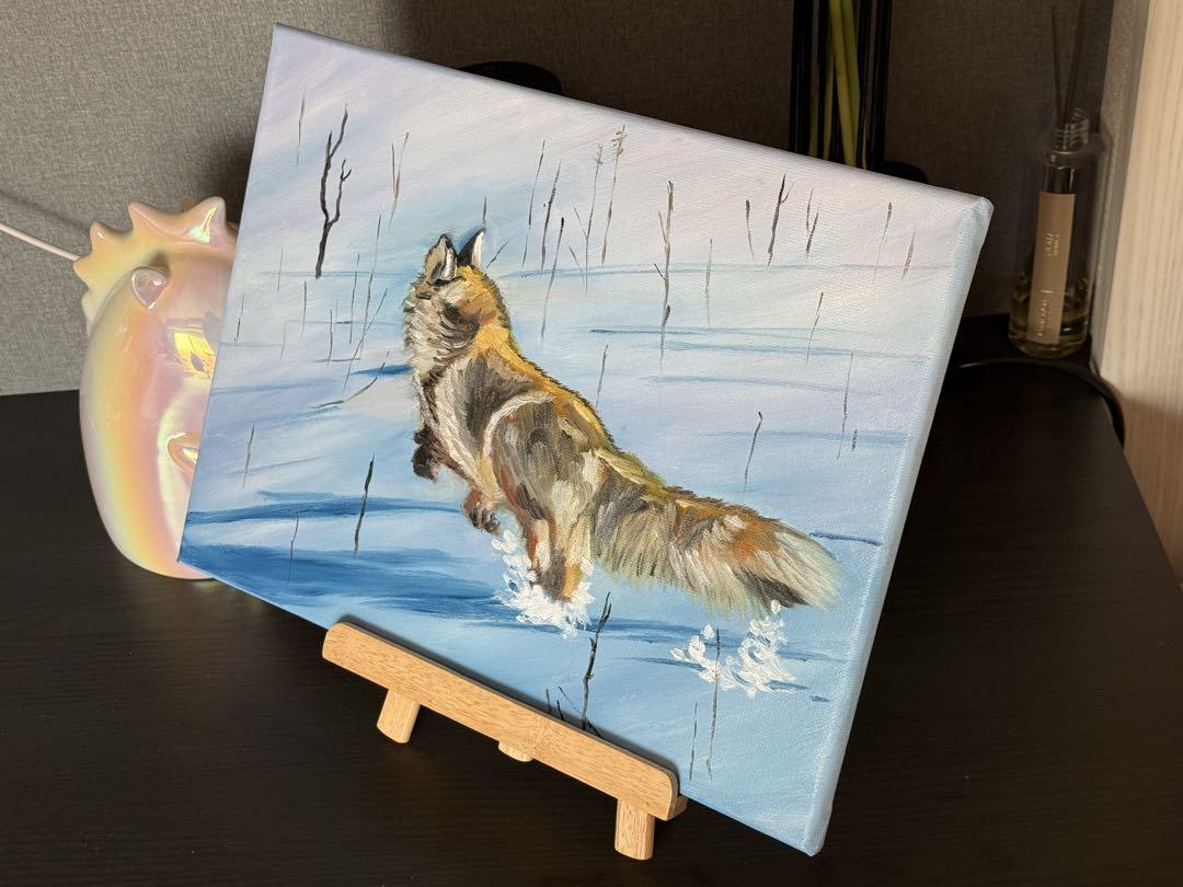 「雪原の狐」　手描き　油絵　油彩画　風景画　原画