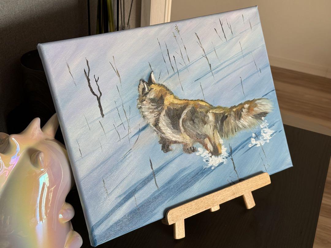 「雪原の狐」　手描き　油絵　油彩画　風景画　原画