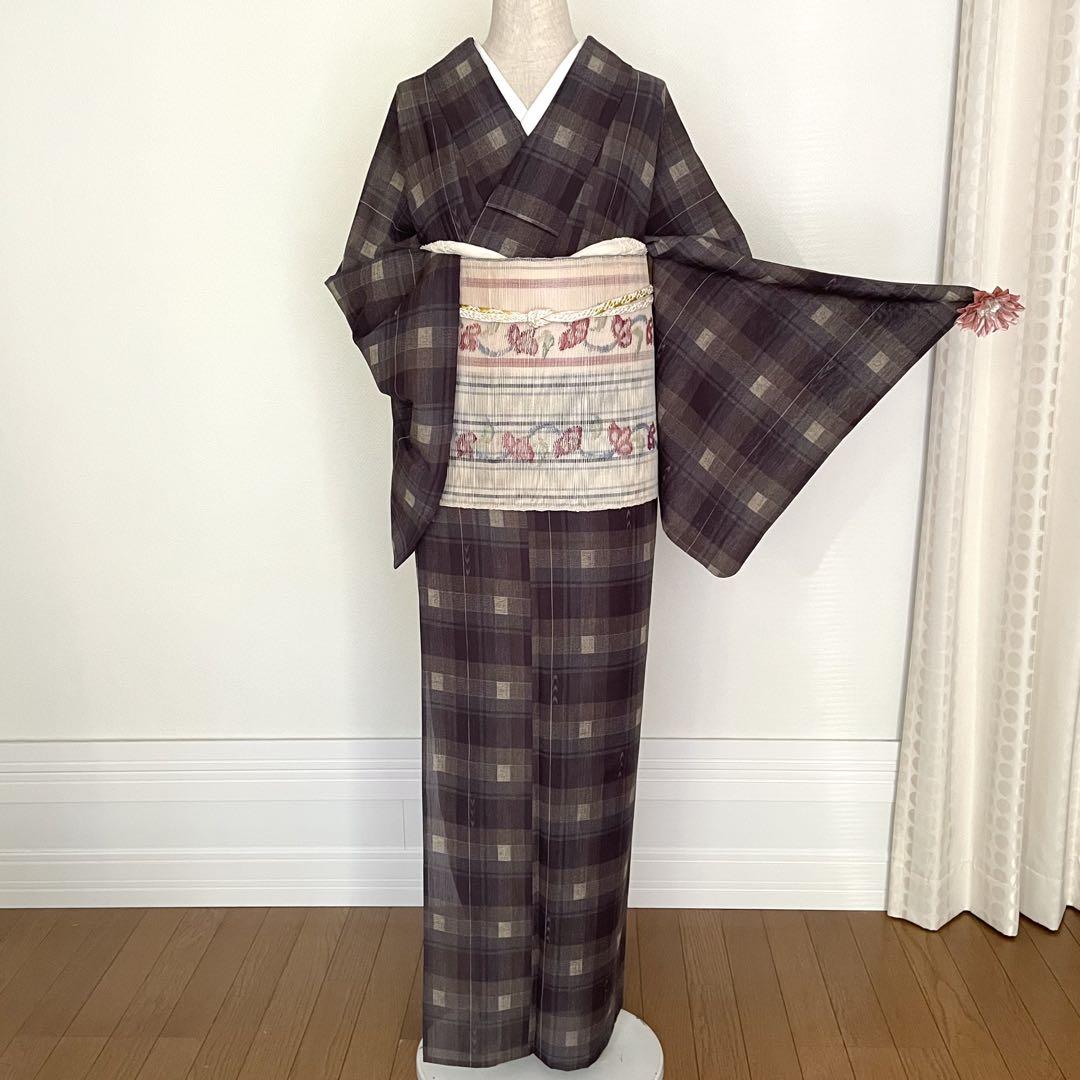 単衣夏着物】ふらりふ小紋 洗えるポリエステルチェック格子小紋