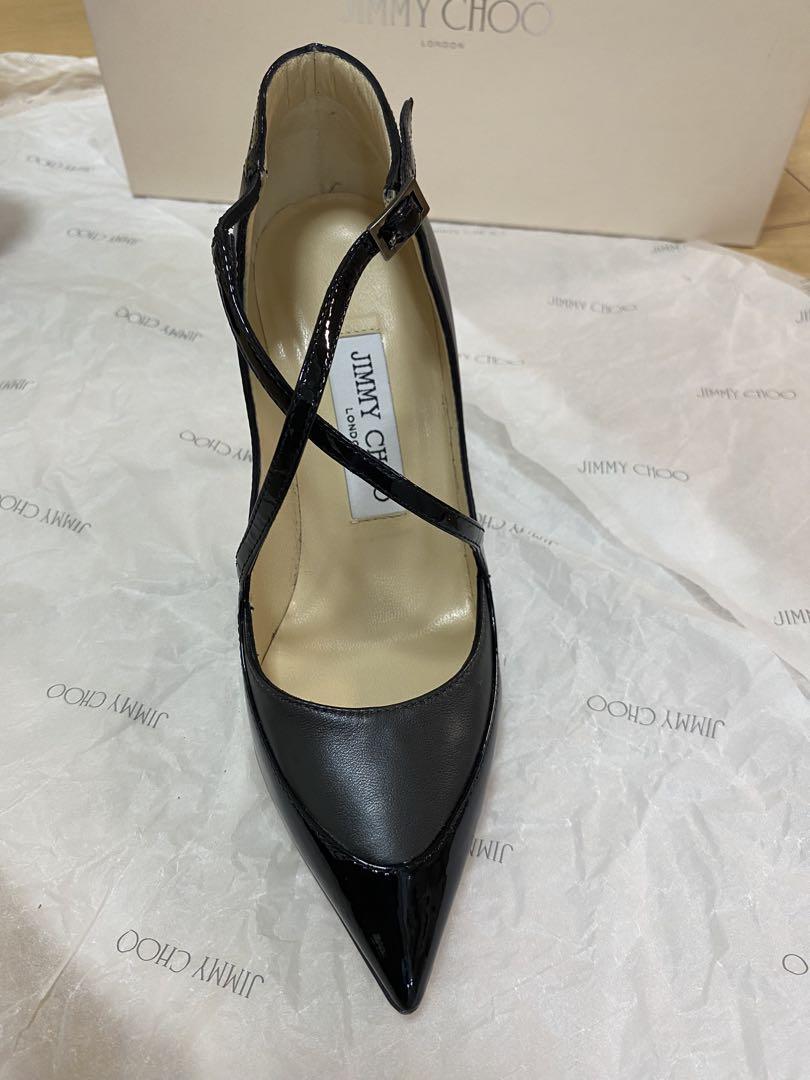 JIMMY CHOO ブラックレザー・エナメルコンビ　ハイヒール　22.5cm