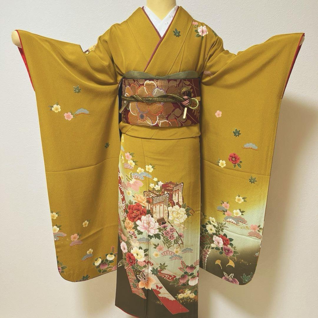 【残りわずか】 振袖フルセット 351 正絹 メルカリ - 暈し染め 金彩 黄土色 桑茶 着物・浴衣