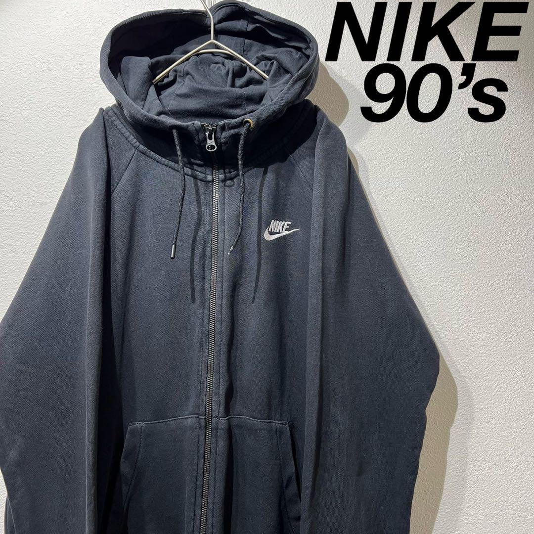 【希少】 90s NIKE スウォッシュ 刺繍 ジップパーカー ブラック 黒 L
