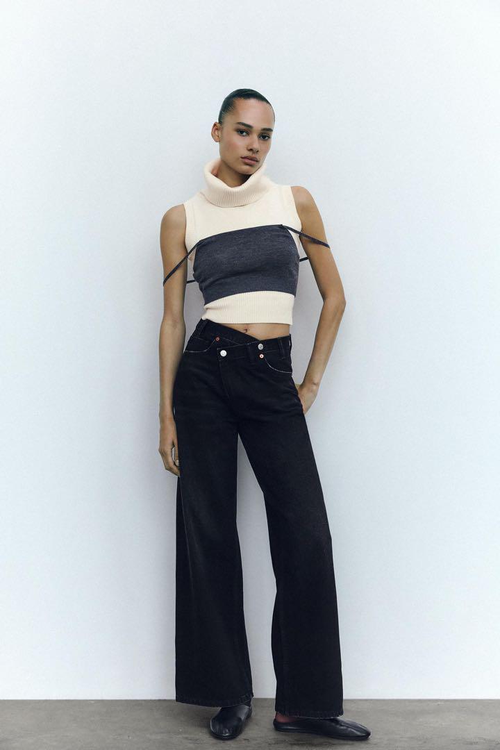 ZARA TRF ハイウエスト ワイドレッグ クロスベルト ジーンズ ブラック