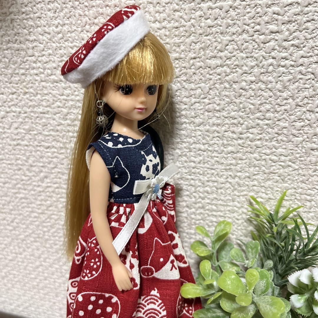 050❤️ リカちゃん にゃんこ柄ツートンカラーワンピースセット