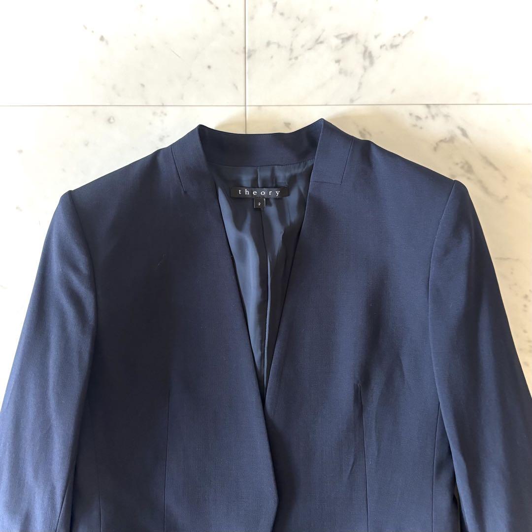 美品　セオリー　Theory ノーカラー　スーツ　セットアップ　ネイビー　M 紺