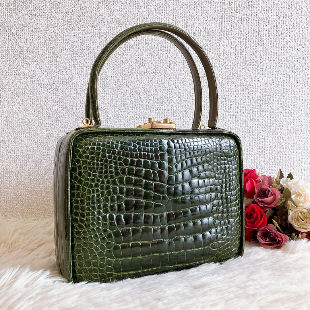 Crocodile✨️クロコダイル シャイニング グリーン ハンドバッグ 金具
