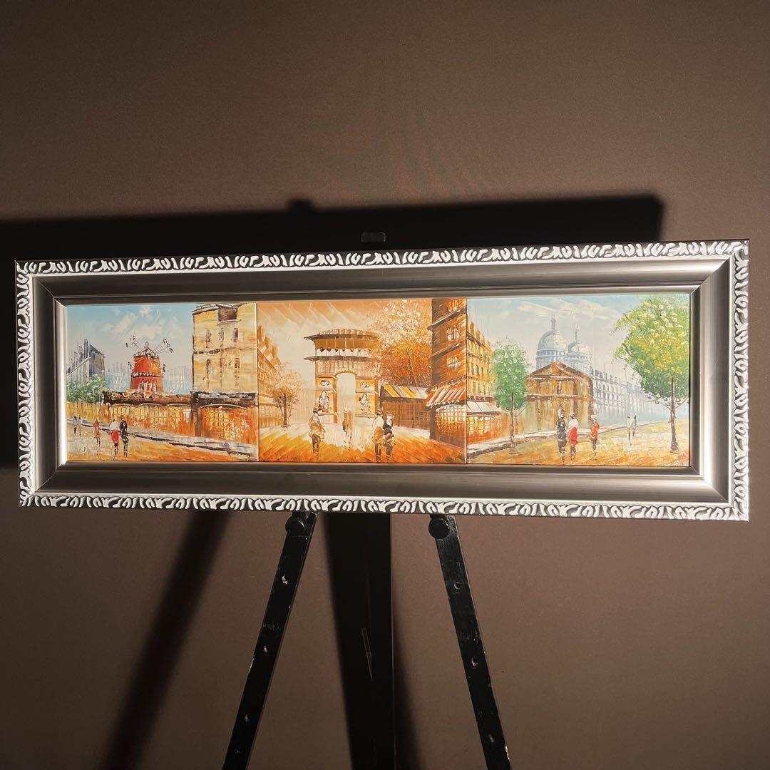 手描き油絵 3枚組 パリの風景 額付 額付き 肉筆絵画 インテリア