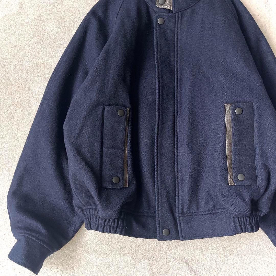 90s～ 日本製 Mサイズ ウール レザーコンビ ショート丈 ブルゾン ネイビー