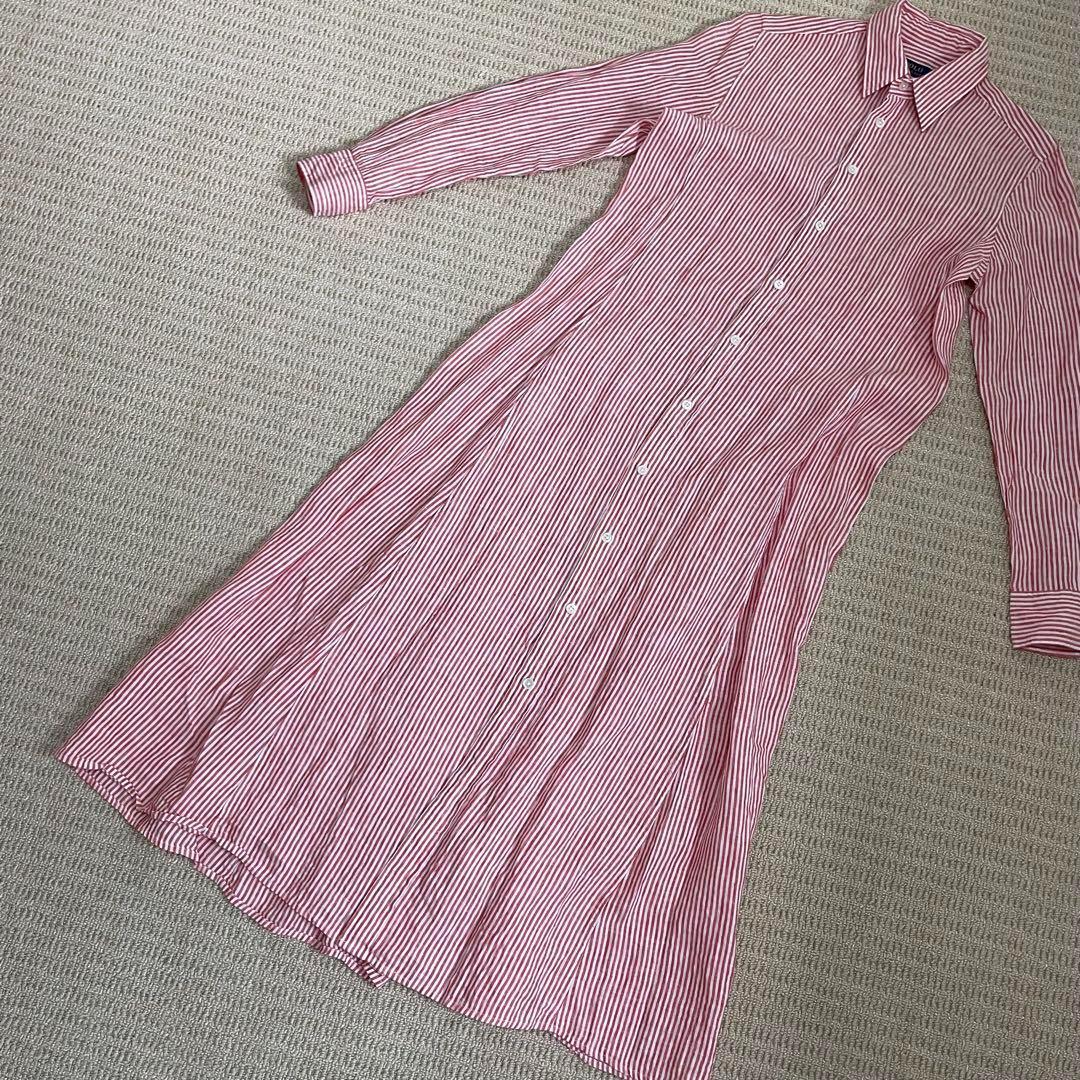 サイズML ポロラルフローレン リネン フレア ロングワンピース ストライプ