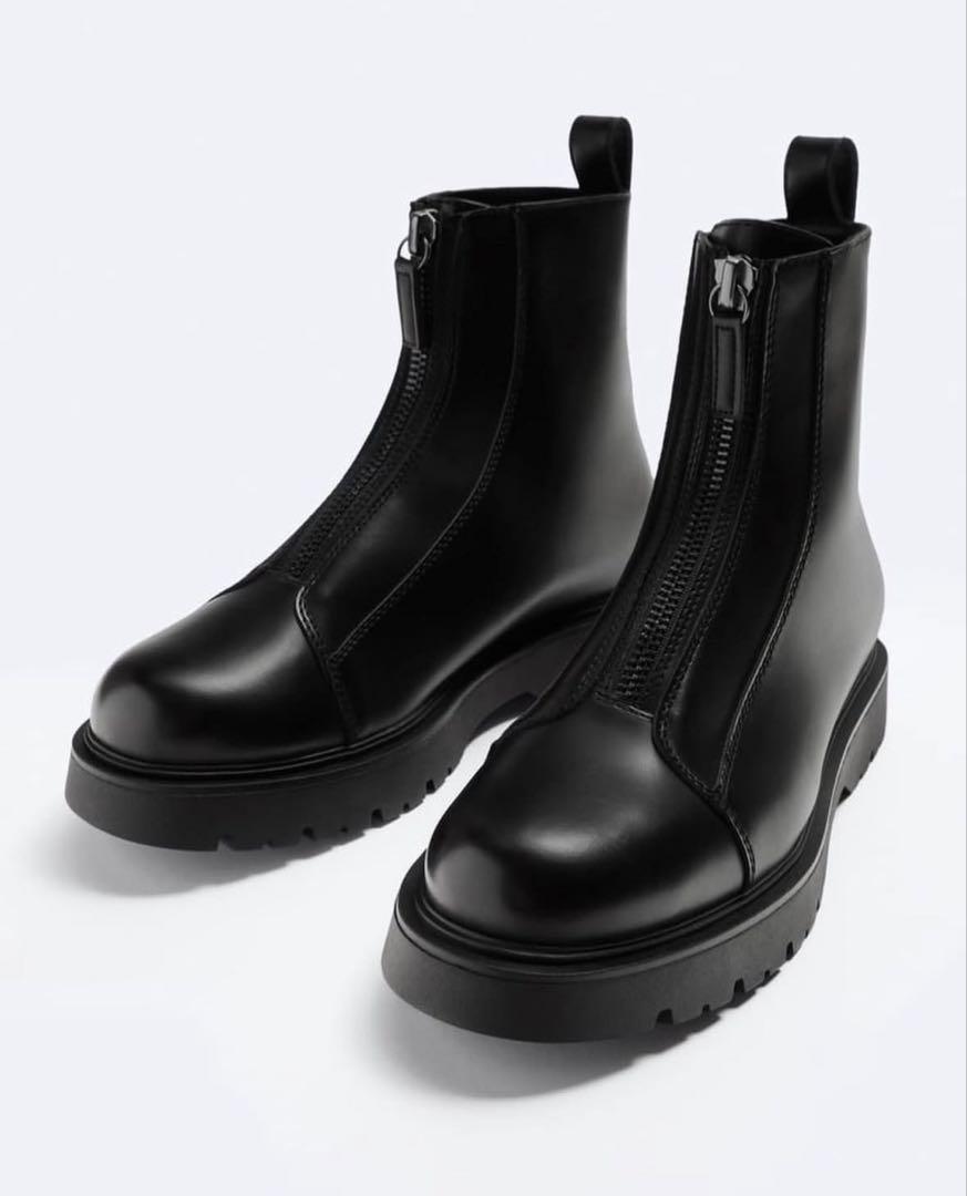 新品☆ZARAレザーブーツ厚底シンプルデザインブラック24センチ タグ付、未使用級】ZARA レザーブーツ（24）スタッズベルト 厚底