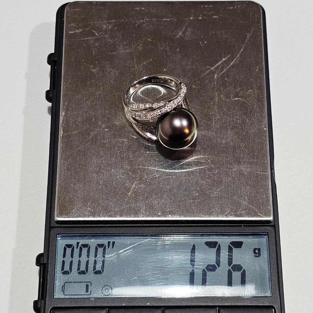 1494 黒蝶真珠パールリングPT900プラチナ8.5号13mm0.31ct