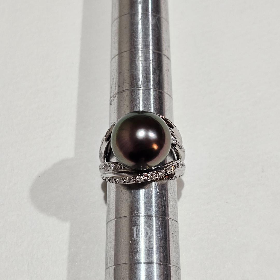 1494 黒蝶真珠パールリングPT900プラチナ8.5号13mm0.31ct