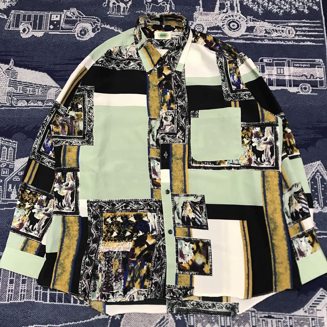 vintage 総柄シャツ　柄シャツ　一点物　個性派古着　デザインシャツ　アート