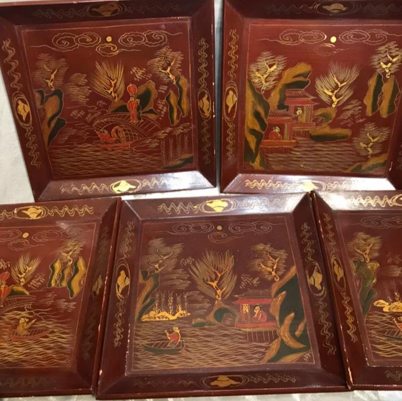 44%割引【国内発送】 煎茶盆 5枚組 絵替わり 中国の風景 工芸品 日本最大級 【限界価格】欅衝立 松に鯉 工芸品