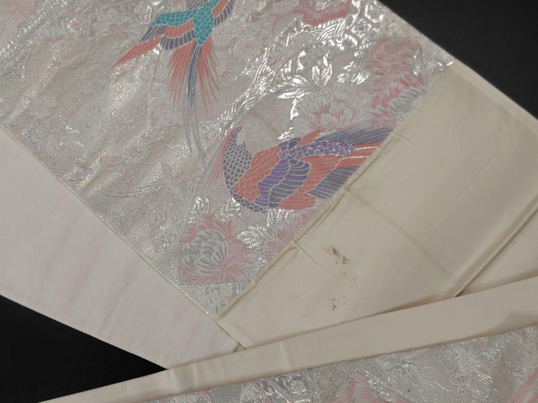 銀白 孔雀 正絹袋帯 フォーマル 結婚式 お茶席 l074