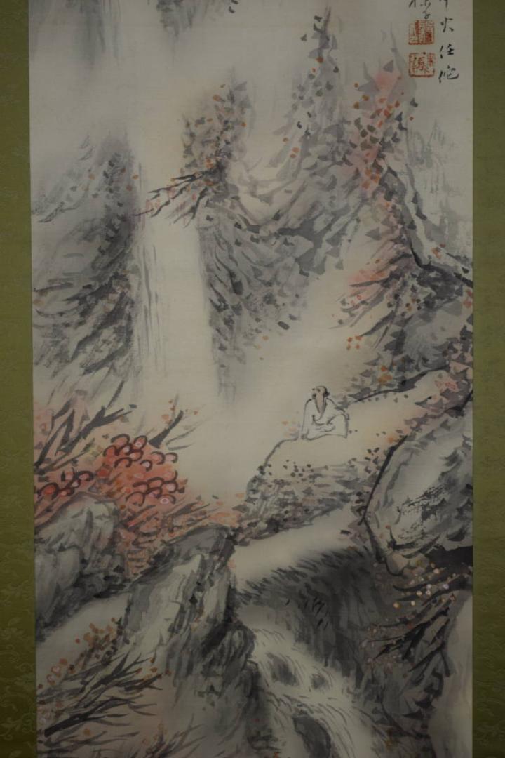 不詳/作者不詳/秋景観瀑画賛/布袋屋掛軸HF-648 不詳/作者不詳/秋景観瀑画賛/布袋屋掛軸HF-648