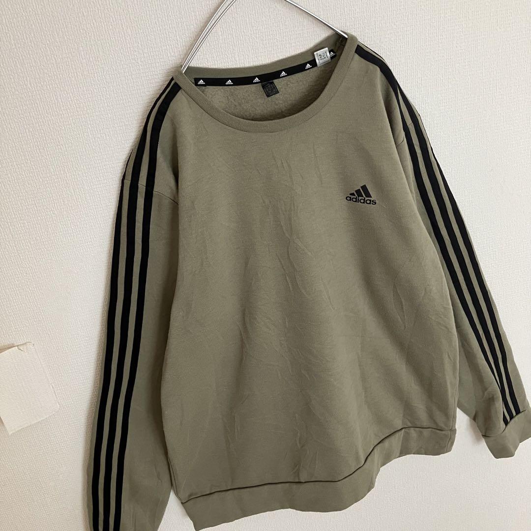 adidasカーキ 3本線 アディダスオールドデザイン スウェットトレーナー古着