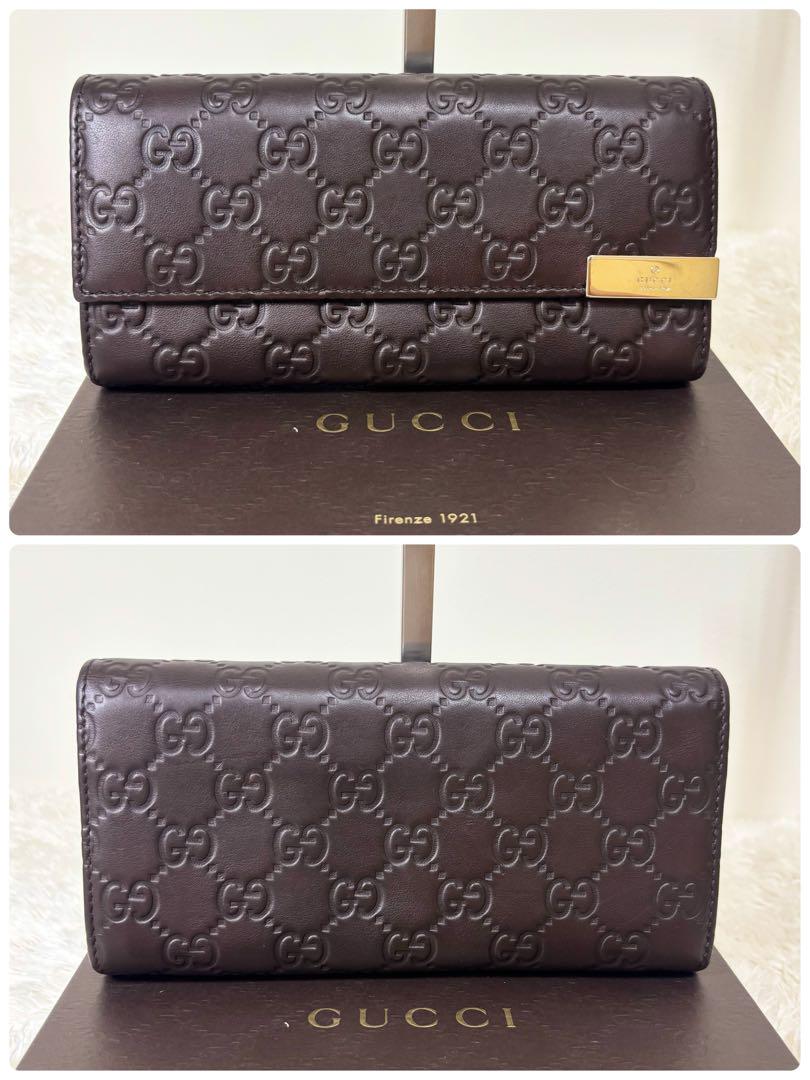 グッチ 長財布 フラップ式 シマレザー ゴールドプレート ダークブラウン 美品✨ グッチ 長財布 フラップ式 シマ レザー GG ゴールド