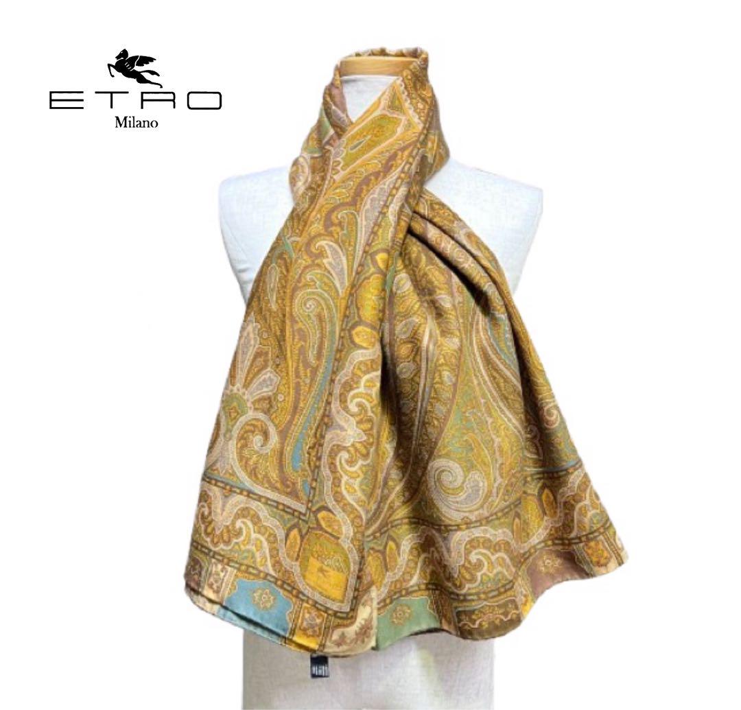 美品！ETROウールシルク正方形大判ストール ペイズリーボタニカル柄 mh532