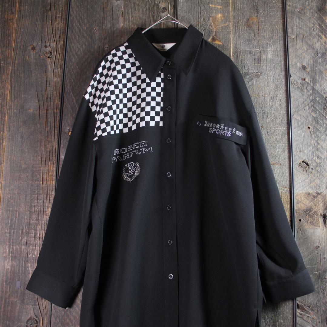 古着　ヴィンテージ　ポリエステルシャツ　テロ感　黒　スパンコール　９号　M