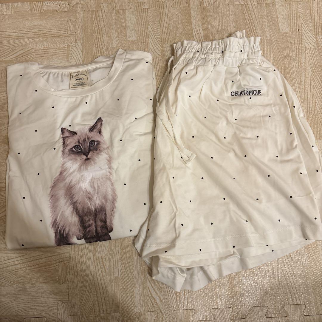ジェラートピケ 半袖　ルームウェア 猫　クリーム