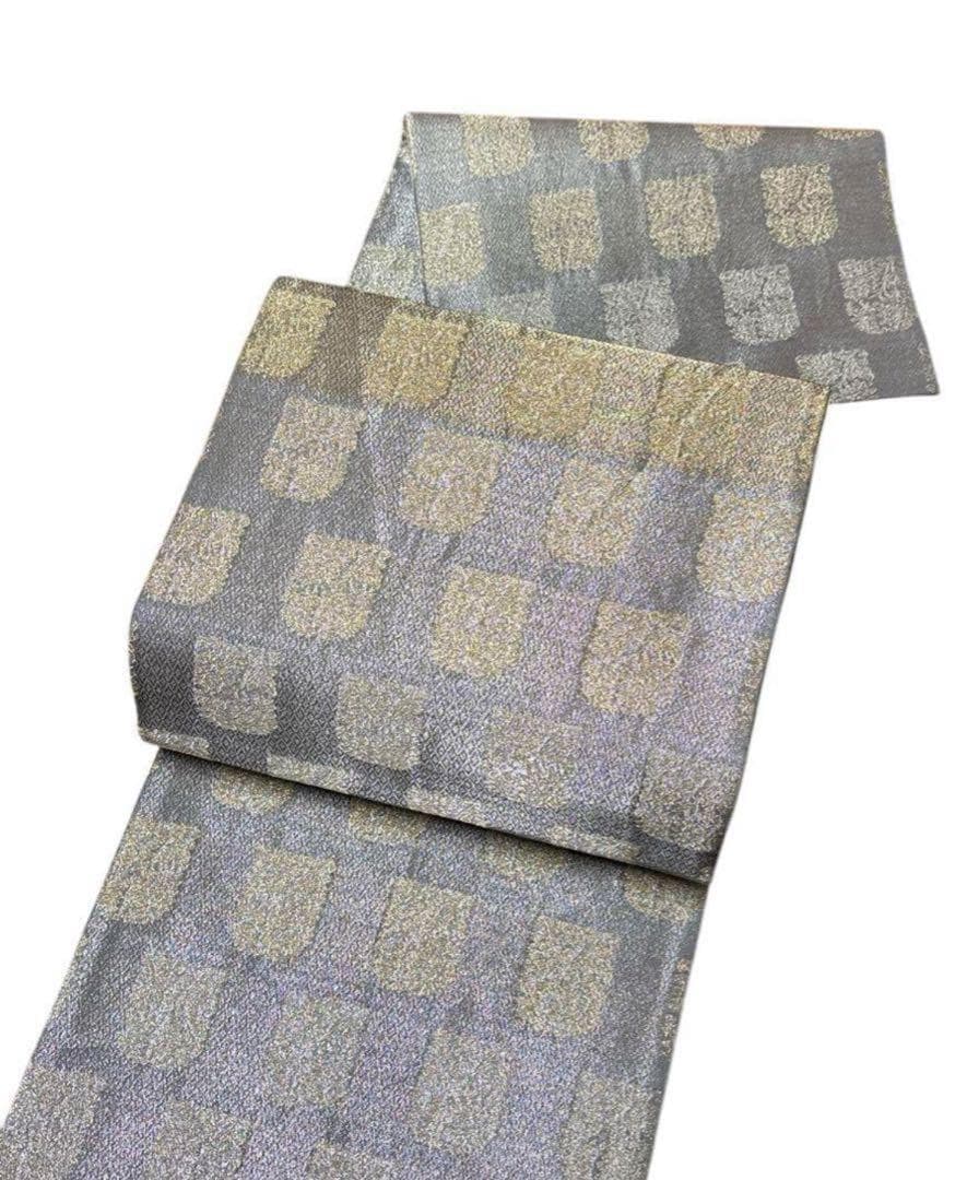 A45袋帯 伝統柄 格 箔 金糸 灰色 六通 正絹