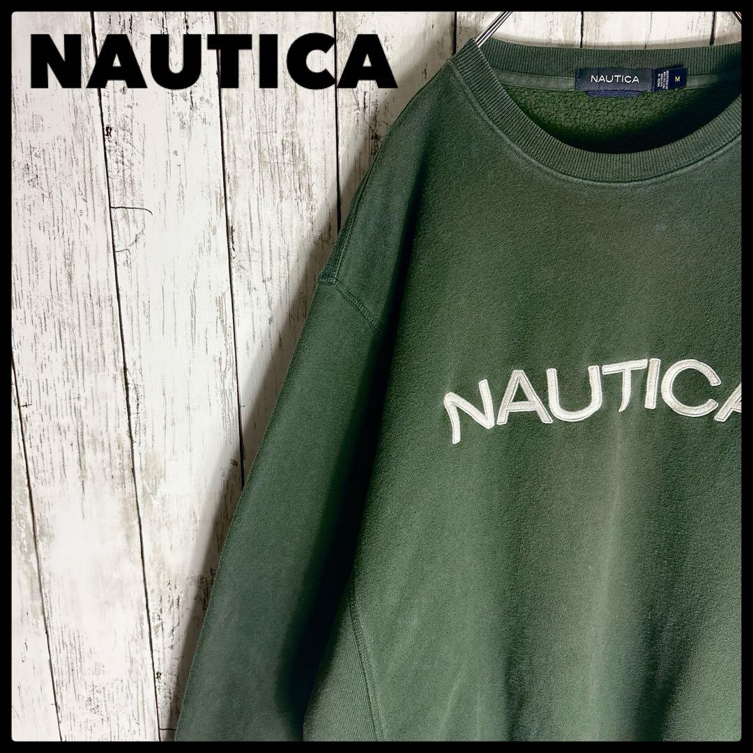 【NAUTICA】ノーティカ スウェット センターロゴ 刺繍 モスグリーン 古着