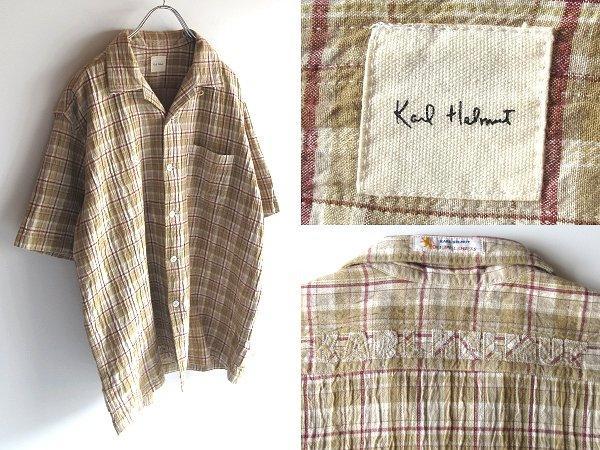 Karl Helmut バックロゴ チェック ダブルガーゼ 開襟シャツ L