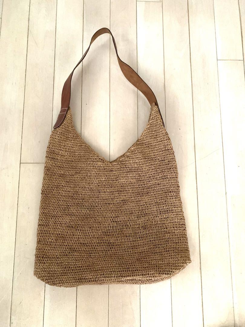 大きい　ラフィア×レザー　ショルダーバッグ