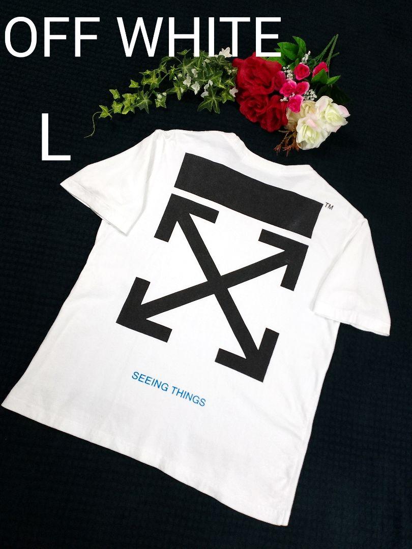 オフホワイト デカ ブランドアイコン 両面プリント Tシャツ L