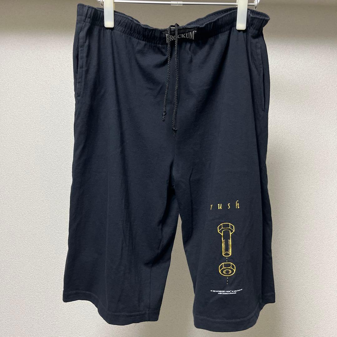 90sUSA製ビンテージハーフパンツ黒 BROCKUM製 RUSHバンドT レア