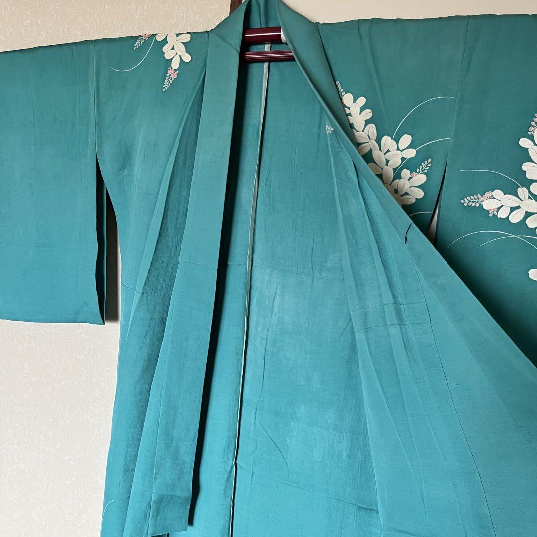 アンティーク　単衣　訪問着　夏物　夏着物　アズール色　青　緑　刺繍　銀駒刺繍