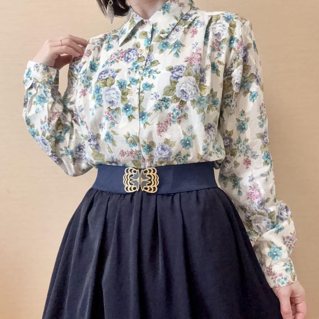 花柄 コットン 総柄シャツブラウス 昭和レトロ ヴィンテージ 日本製 白 青 紫
