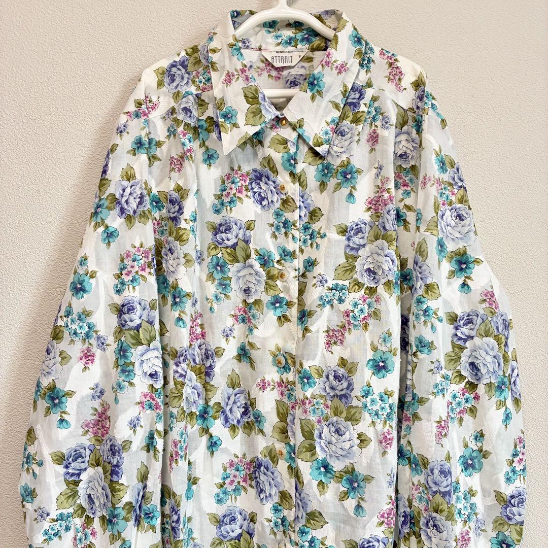 花柄 コットン 総柄シャツブラウス 昭和レトロ ヴィンテージ 日本製 白 青 紫