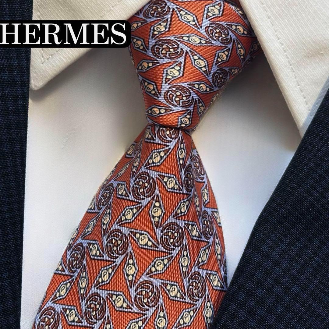 【新品/未使用】エルメス オレンジ柄ネクタイ HERMES - 未使用 HERMES エルメス ネクタイ シルク ネイビー