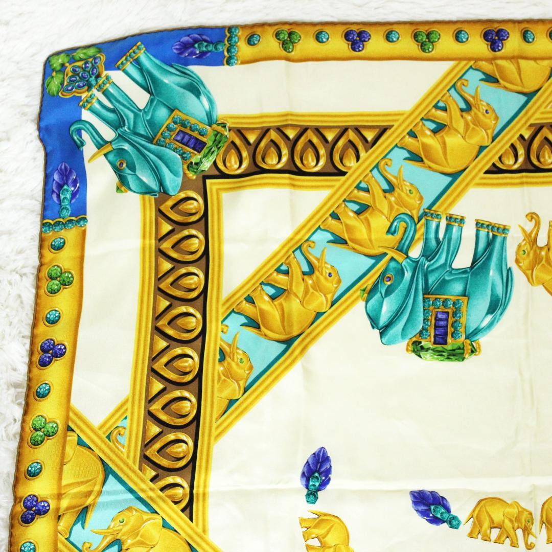 美品 カルティエ スカーフ 大判 シルク 象 宝石 ジュエリー ブルー ベージュ 美品 カルティエ スカーフ 大判 シルク 象 宝石 ジュエリー