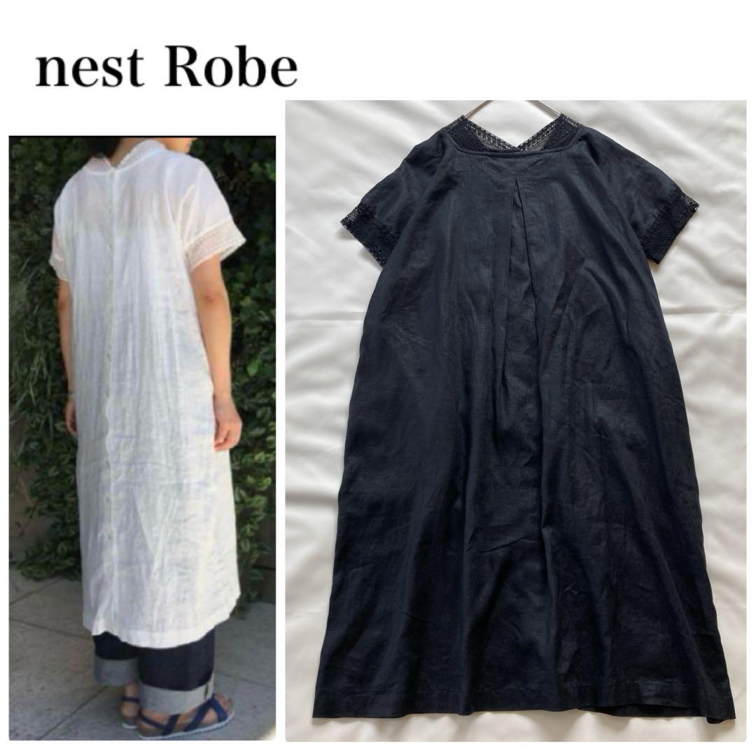 美品☆ネストローブ リネン ロングシャツワンピース 墨黒 プチ