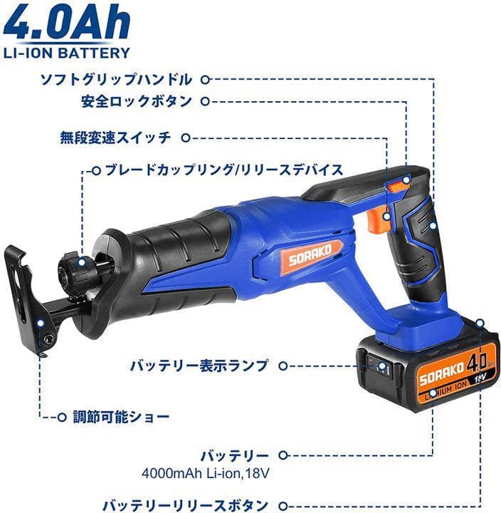 お歳暮電動のこぎり充電式レシプロソー 18V 4.0Ah電池大容量日本語取扱