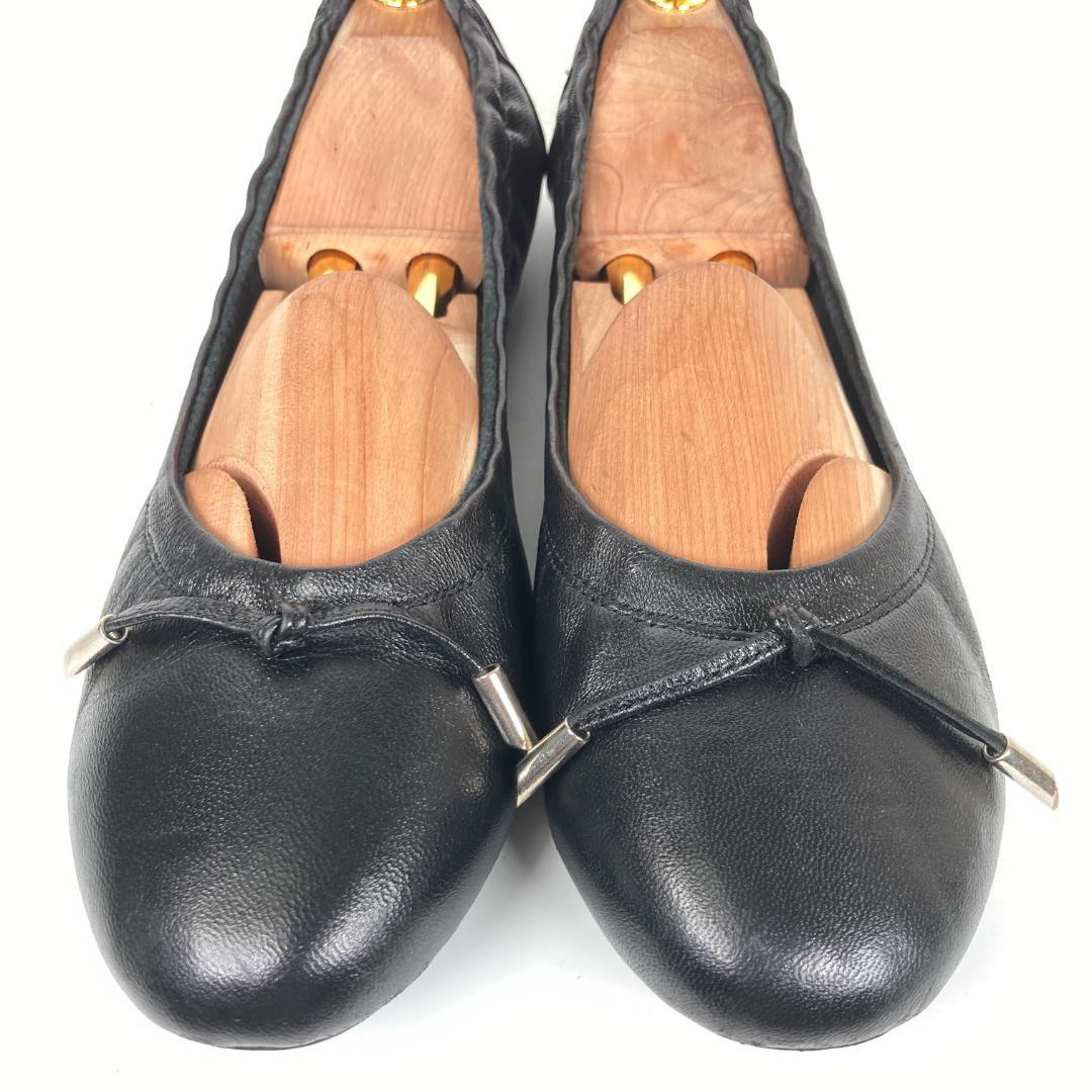 TOD'S　トッズ　リボンバレエシューズ　ラバーペブル　レザー　シボ革　ブラック
