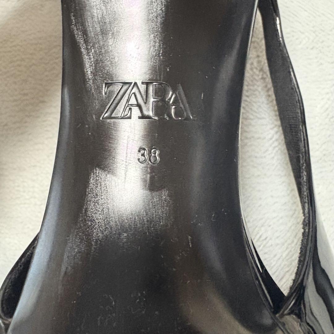 新品【ZARA】レザーキトンヒールスリングバックシューズ　黒
