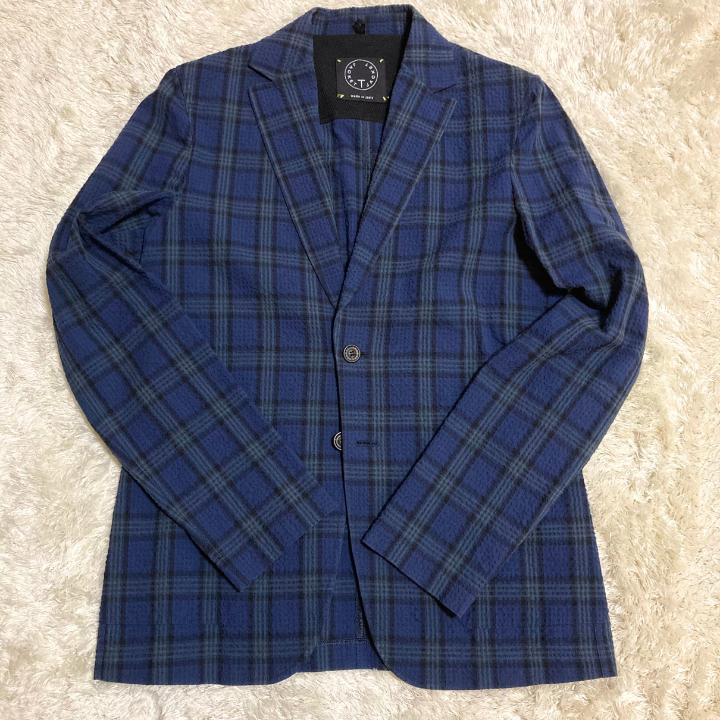 美品■VAN JACKET シアサッカー テーラードジャケット ブルー×チェック T-JACKET】ティージャケット シアサッカー・チェックテーラード