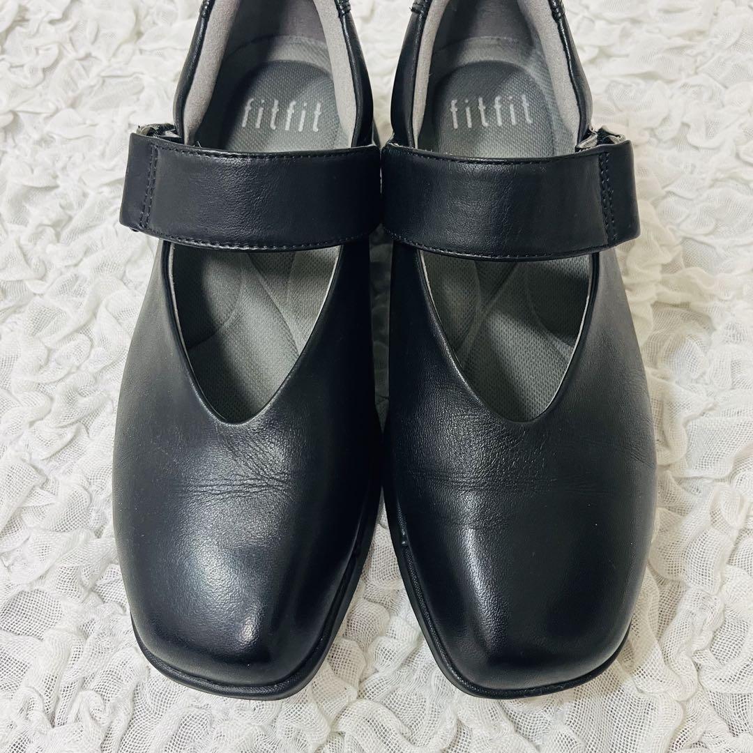 fitfitフィット ライトウェイトワイドストラップレザーパンプス23.5 黒