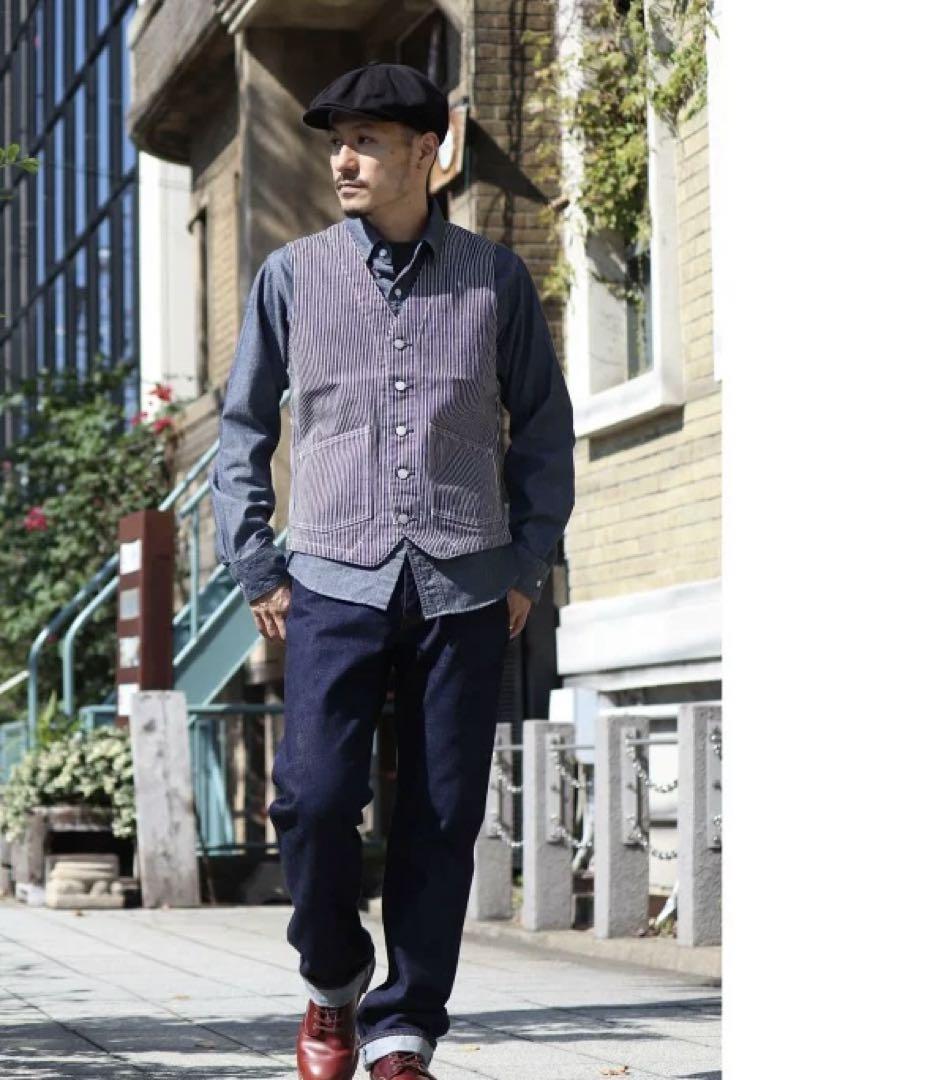 児島ジーンズ 13oz デニム＆ヒッコリー ベスト 【 】 トップス アウトドア キャンプ アメカジ バイク ツーリング ネイビー ストライプ 男性  女性【 RNB568N : HOOK.LET - 通販 - Yahoo!ショッピング