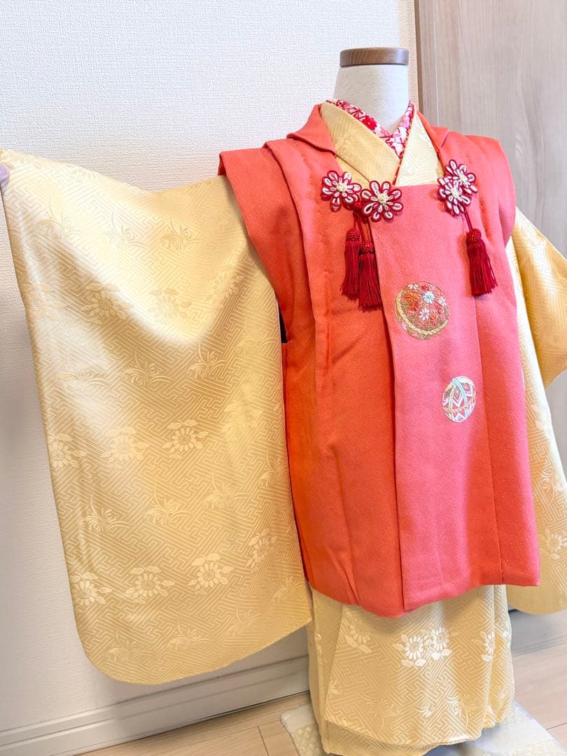 七五三 3歳 正絹 祝い着 黄色 サーモンピンク被布 刺繍 M2509011