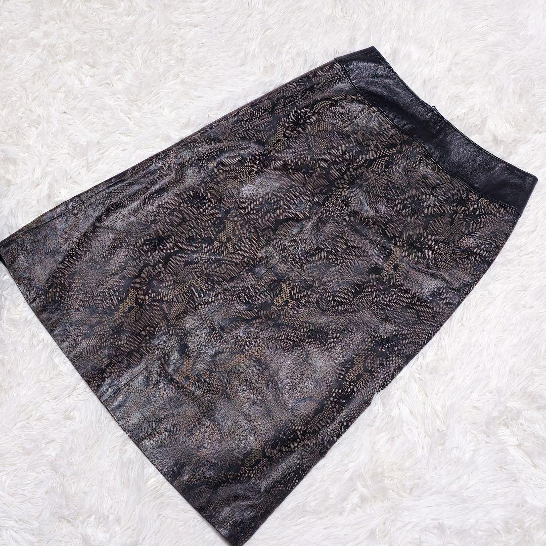 【良品】フレスコオッジ レザースカート XL相当 ラムレザー パンチング バラ柄