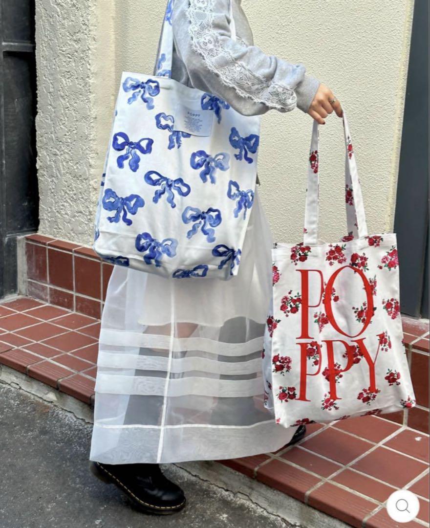 POPPY トートバッグ　ポピー　リボン　あさぎーにょ　水彩画　青リボン