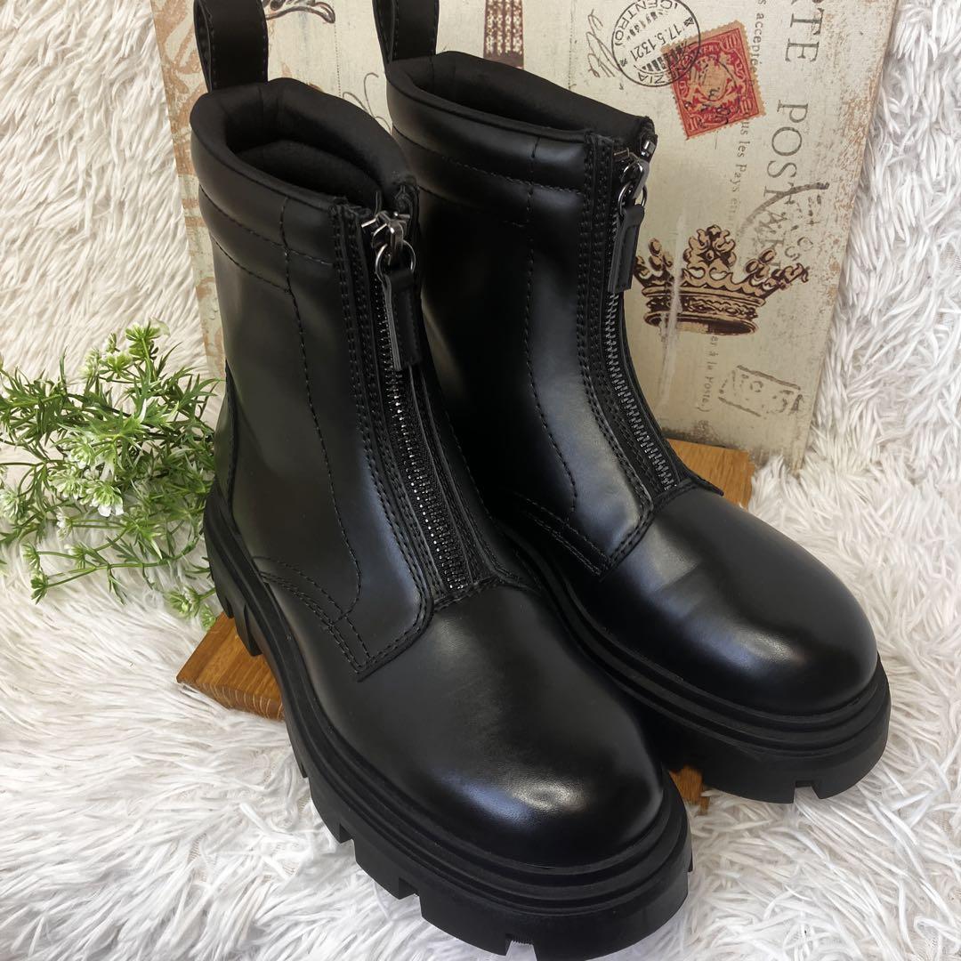極美品 ZARA フロント ジッパー チャンキー ソール ブーツ ブラック 42