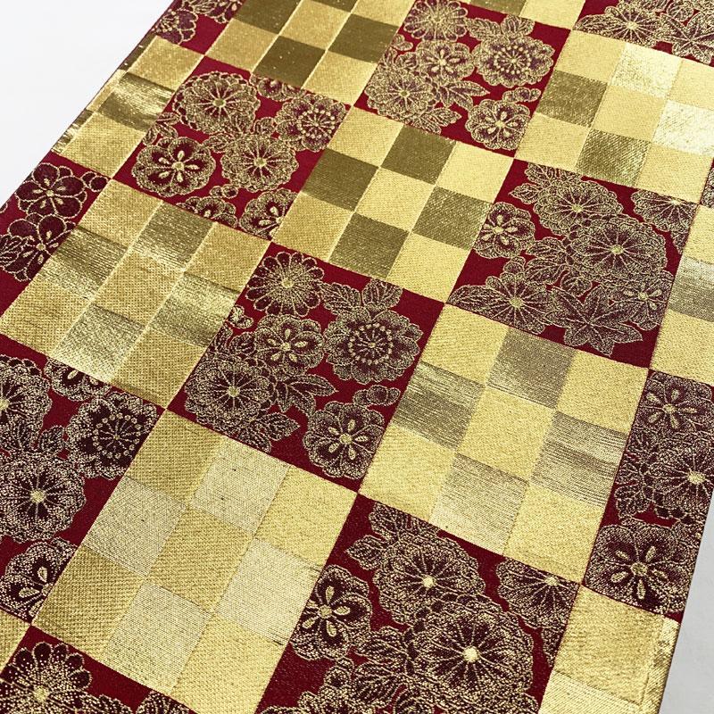 507y14☆やや長尺 袋帯 六通 金糸 市松 ゴールド×赤☆美品 成人
