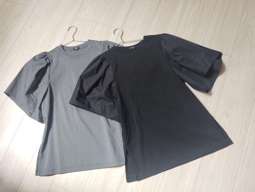 プラステ　ファブリックコンビフレアスリーブTシャツM グレー　黒　パフスリーブ